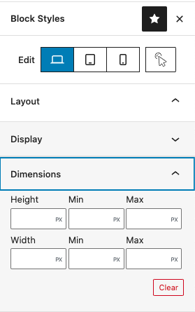 Block Styles Plugin Dimensions Options