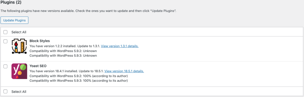 WordPress update plugins page.