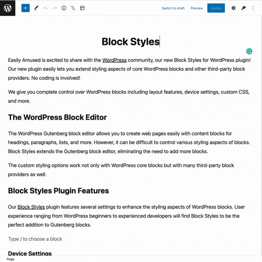 Styles Library WordPress plugin GIF example.