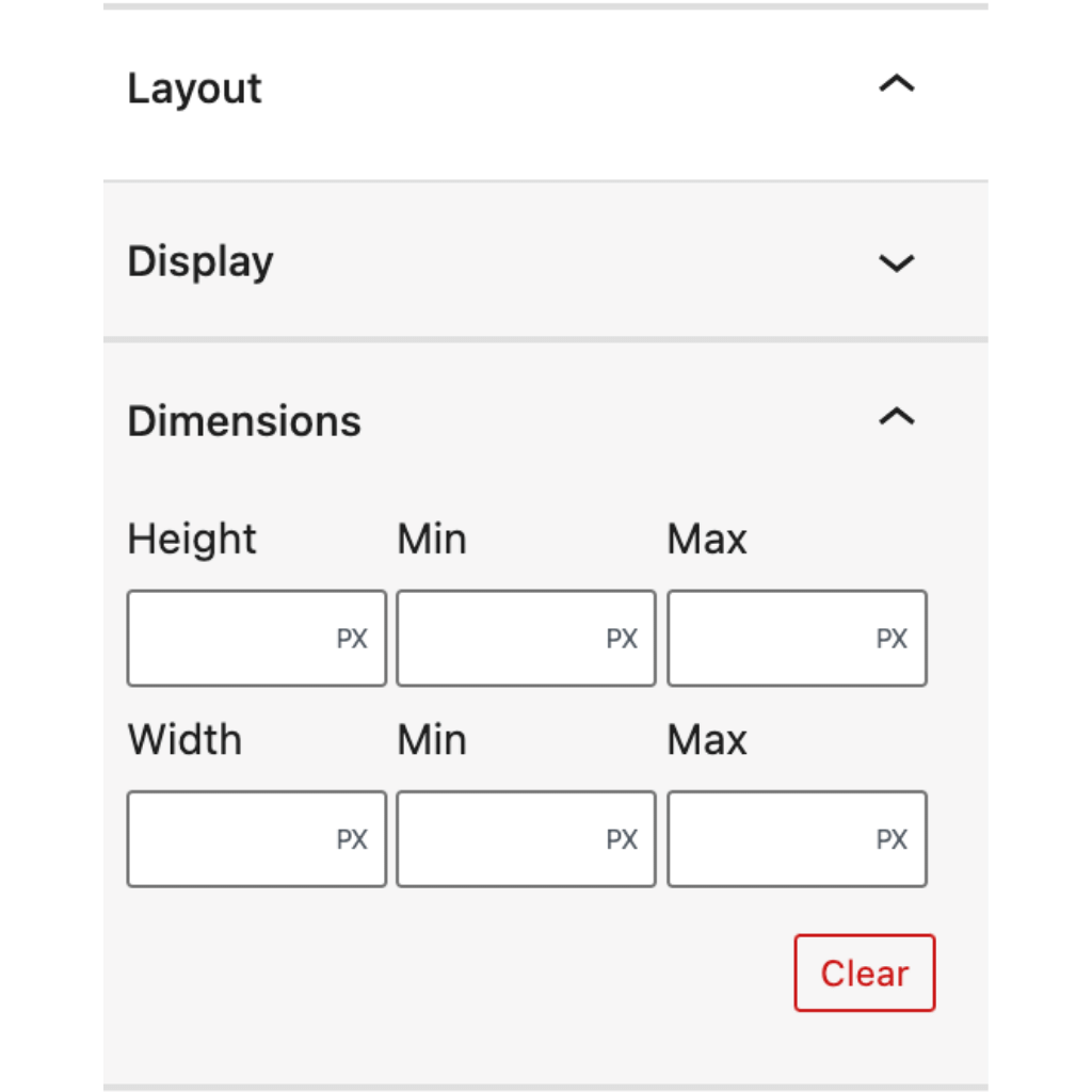 Block Styles plugin layout tool with dimension settings.