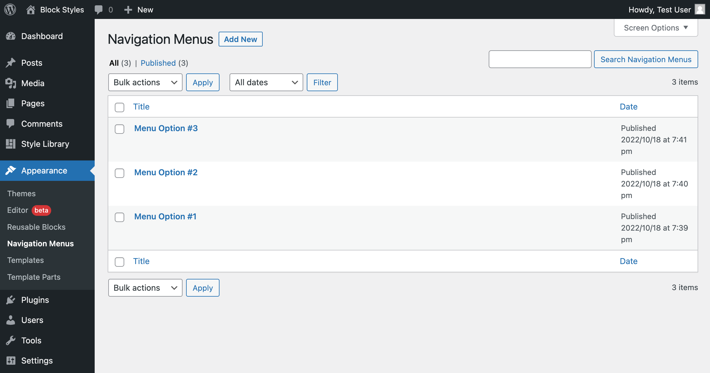 Missing Menu Items navigation menus view from WordPress admin area.