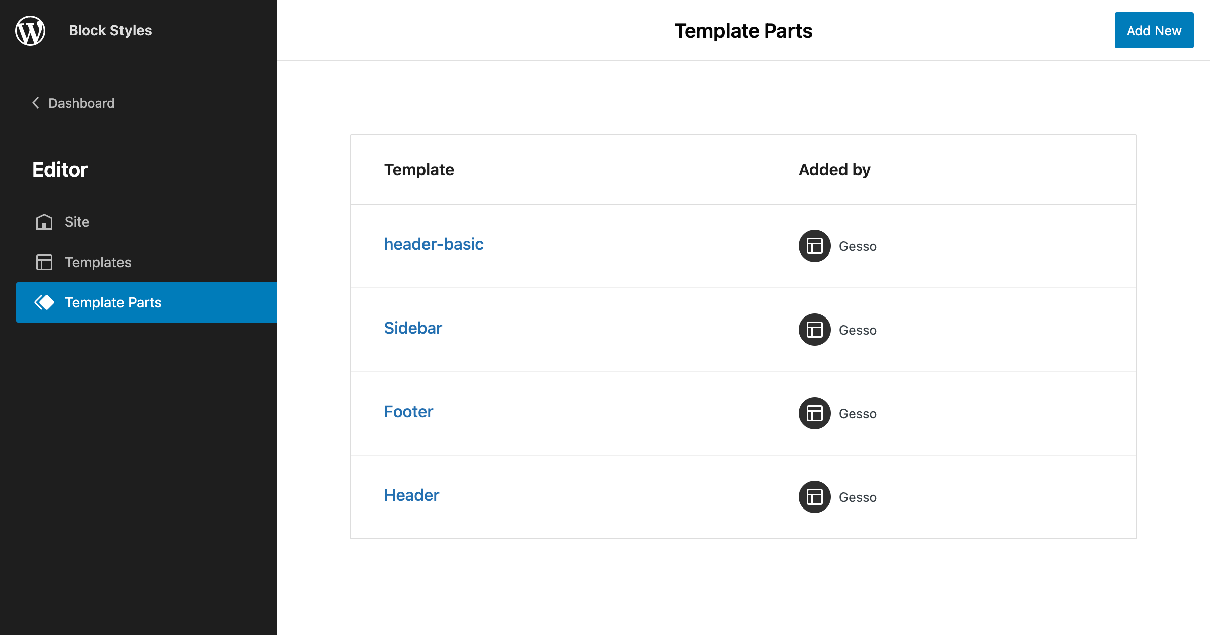 Missing Menu Items showing Template Parts view from WordPress admin area.
