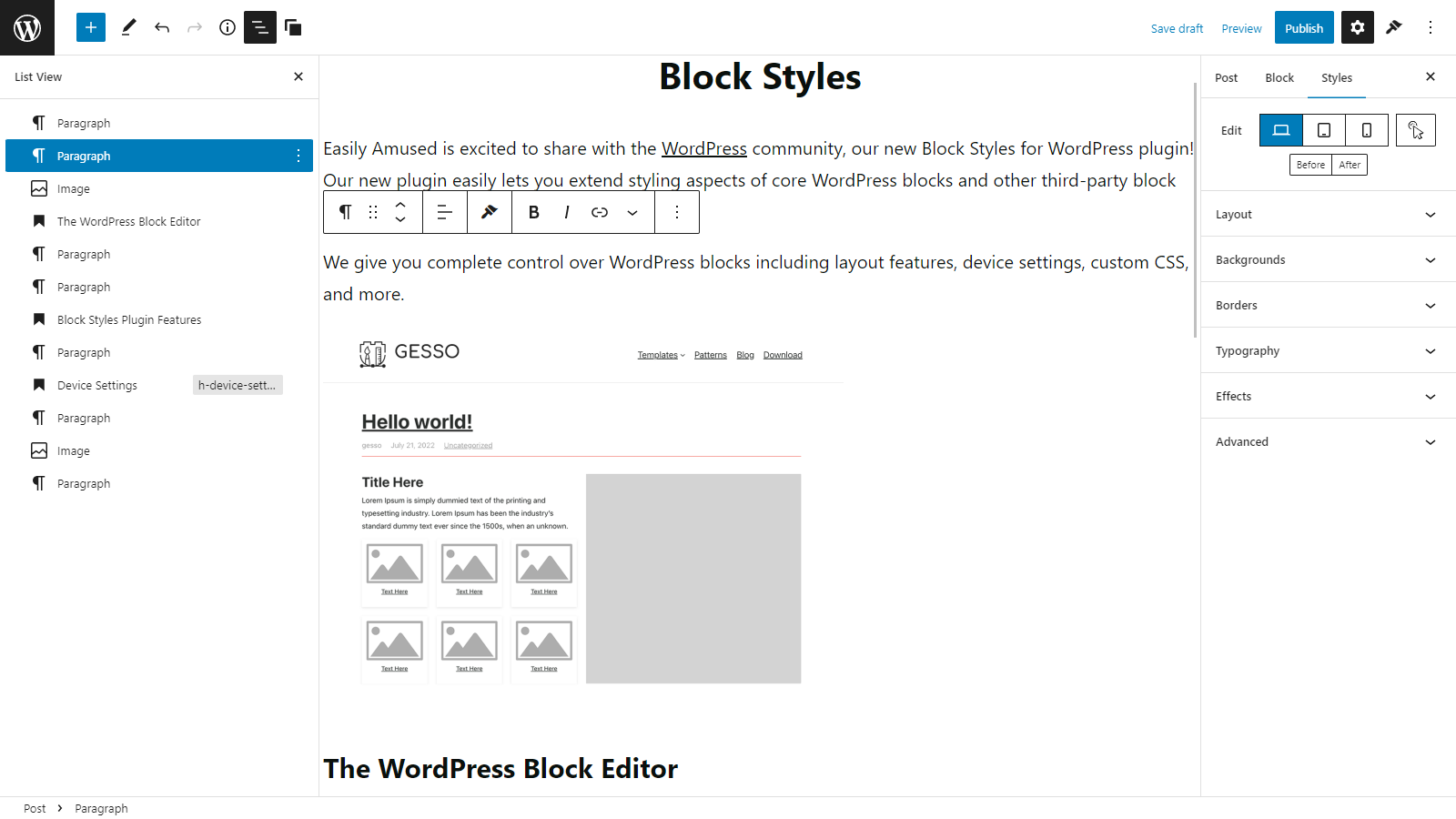 WordPress Gutenberg editor with list view open and Block Styles plugin installed.