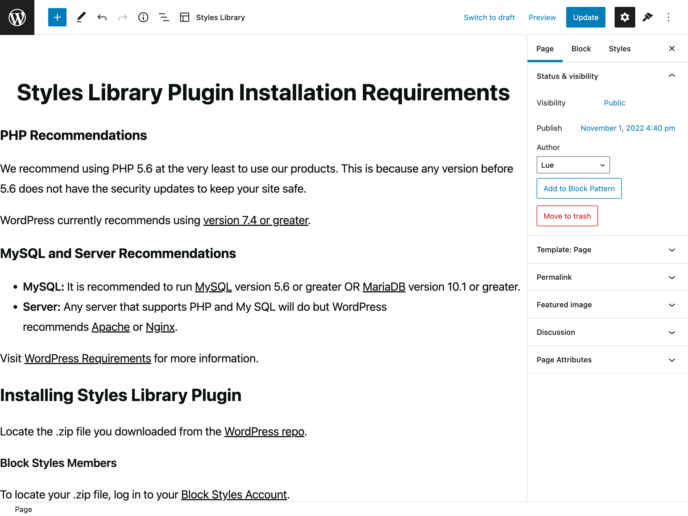 WordPress Styles Library installation page for Block Styles.