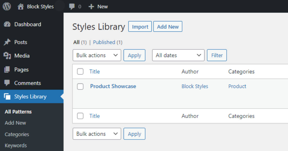 Styles Library plugin pattern library from the WordPress admin area.