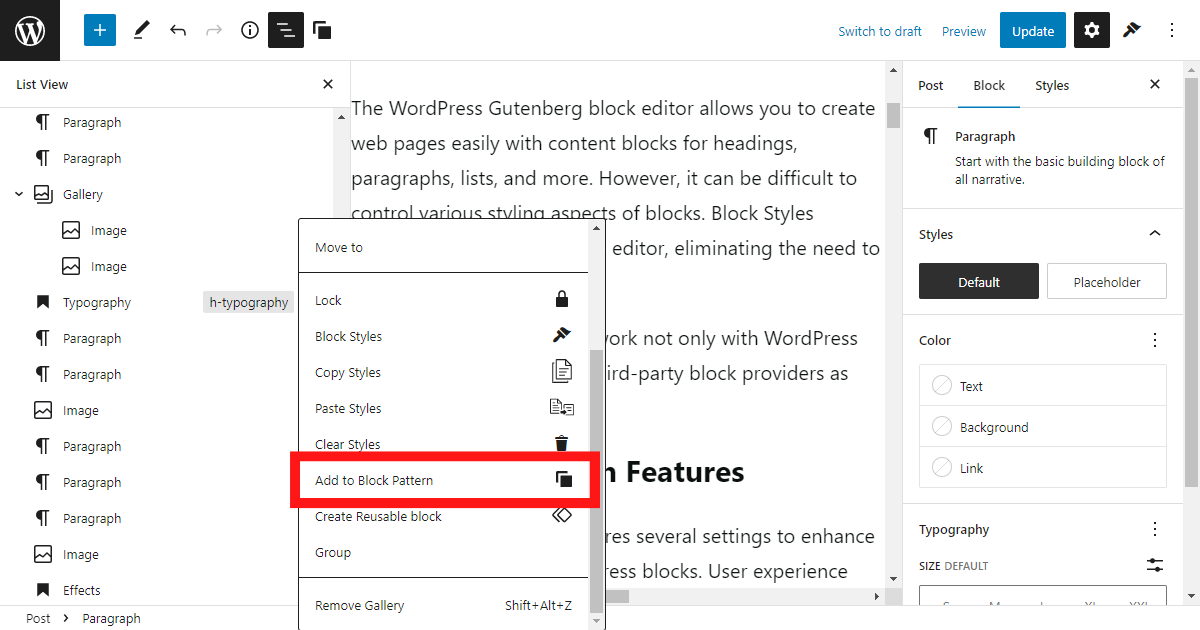Adding WordPress blocks to Styles Library from Gutenberg list view.