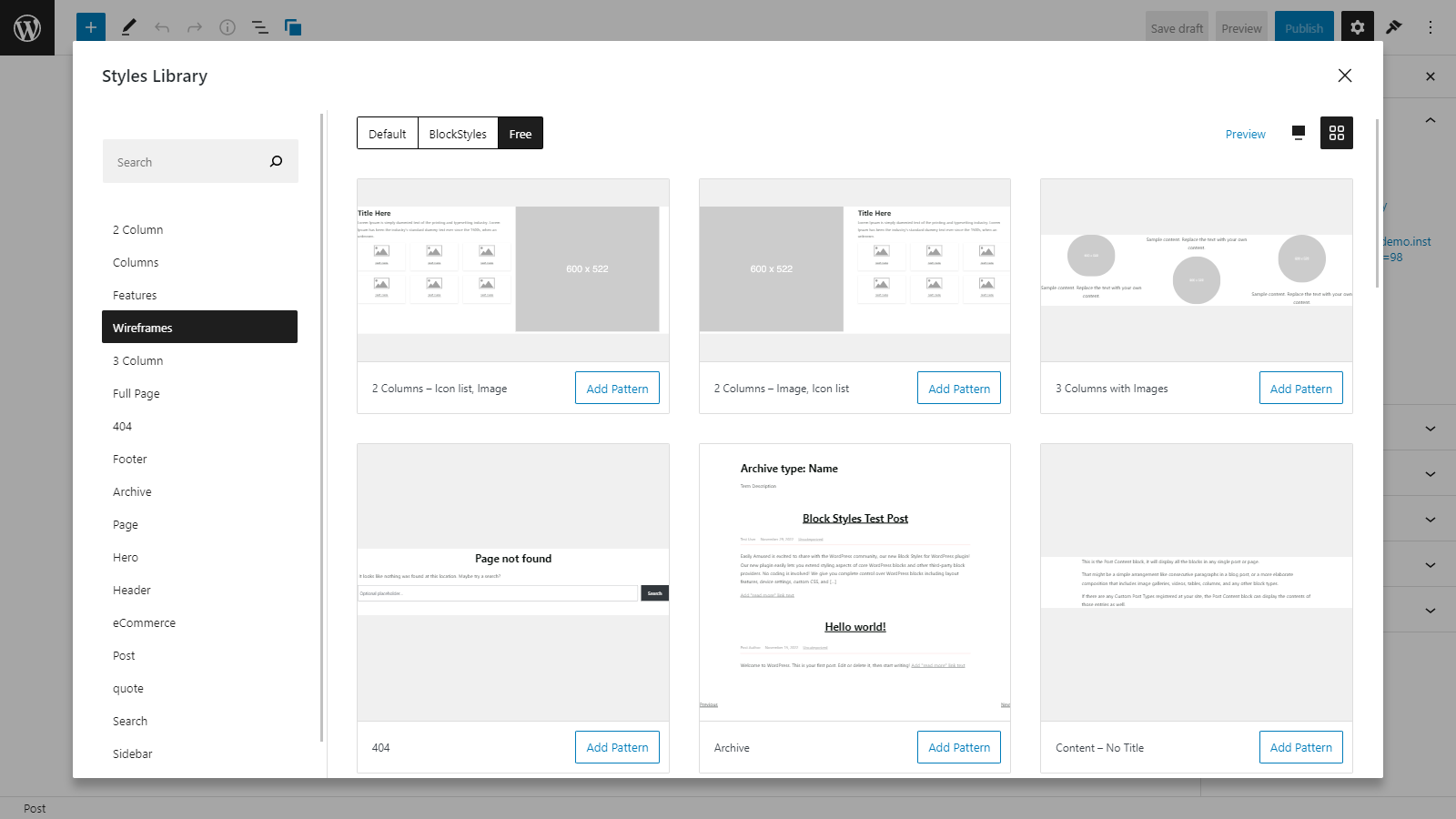 Styles Library plugin displayed showing wireframes from Block Styles membership.